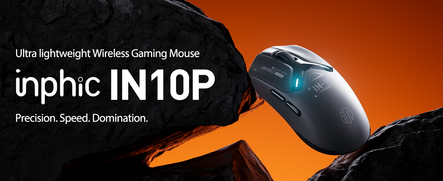 Inphic IN10P wireless gaming mouse with blue LED lighting, displayed against orange background. Product text shows 'Ultra lightweight Wireless Gaming Mouse'.