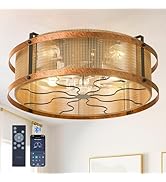 addlon 20" Boho Ceiling Fan with Light and Remote, Woven Caged Low Profile Bladeless Ceiling Fans...