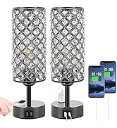 Hong-in Crystal Table Lamp Touch Control Set of 2, 3-Way Black Crystal Lamps with USB C+A Ports &...