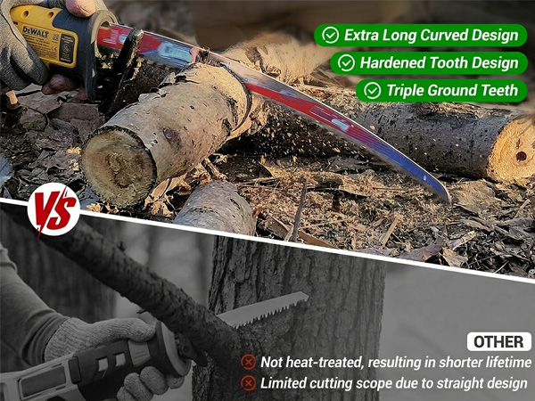 Extra-long curved design. Hardened teeth. Triple-ground sharpness. Built to last.