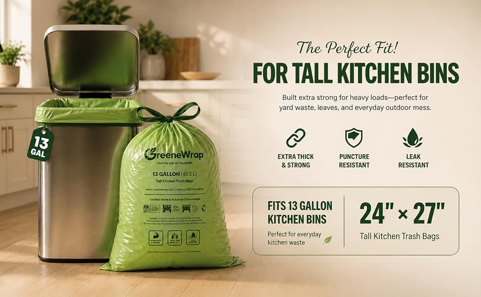 13 gallon compostable trash bags with drawstring for tall kicthen bin