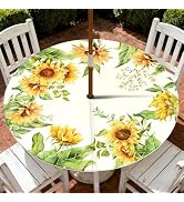 Virtumob Outdoor Tablecloth with Umbrella Hole and Zipper, Round Fitted Patio Table Covers for Sp...