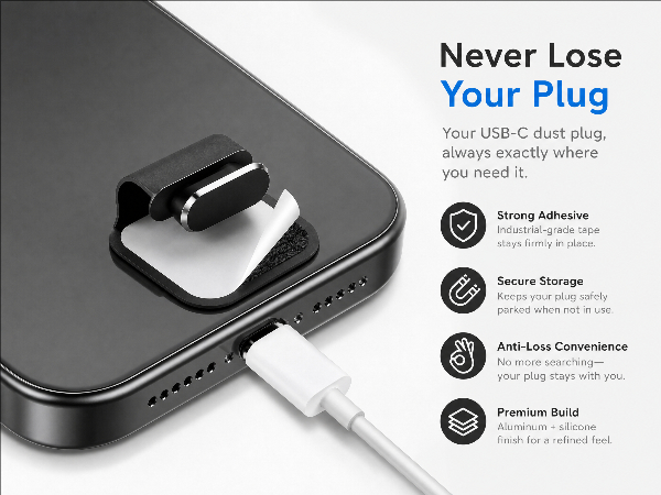 Anti-Lost USB-C Dust Plug Cover for iPhone 17/16/15 Plus/Pro/Max, Samsung Galaxy, Pixel