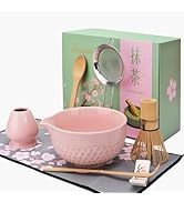 Joyscale Matcha Whisk Set, Ceramic Matcha Bowl with Spout 8 Pcs Matcha Kit Set(Pink) for Making B...