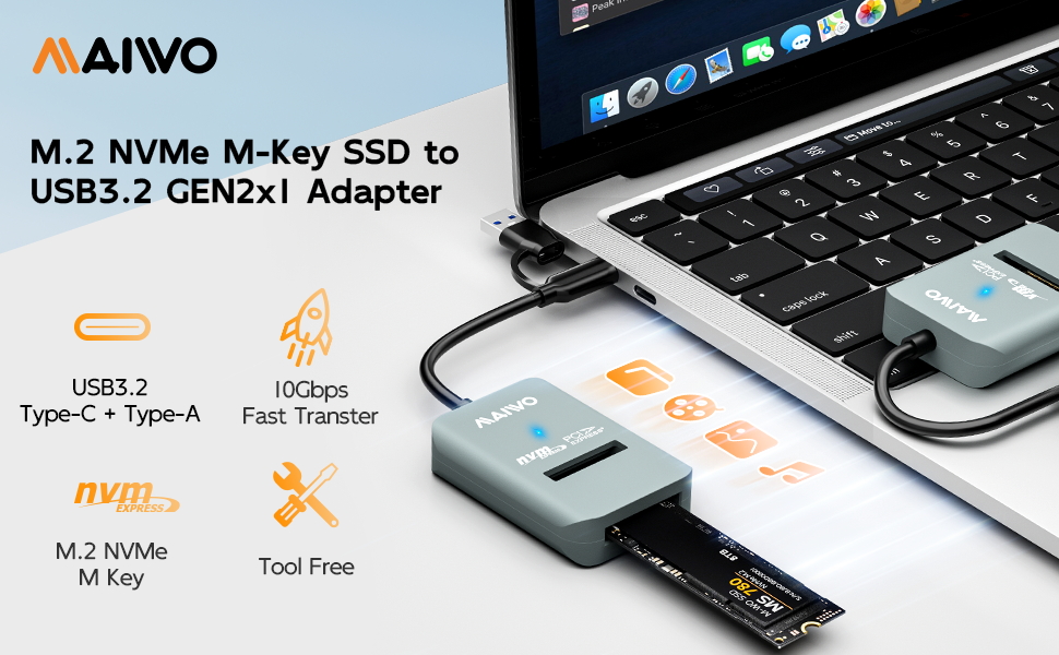 M.2 NVMe to USB Adapter, Tool-Free PCIe NVMe SSD Enclosure Reader, 10Gbps USB 3.2 Gen2x1