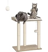 Two-level cat furniture with beige posts and platforms, featuring dangling ball toys. Shows cats demonstrating use of elevated perch and platform.