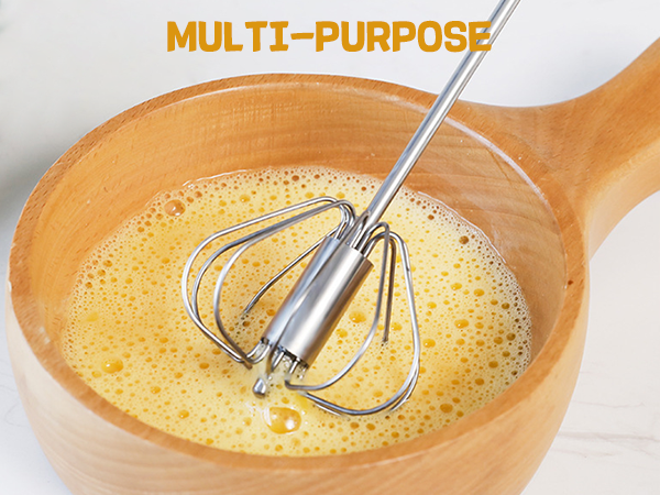 Text reads 'MULTI-PURPOSE'. Series of images showing wire whisk being used in golden liquid mixture in wooden bowl. Cooking demonstration sequence.