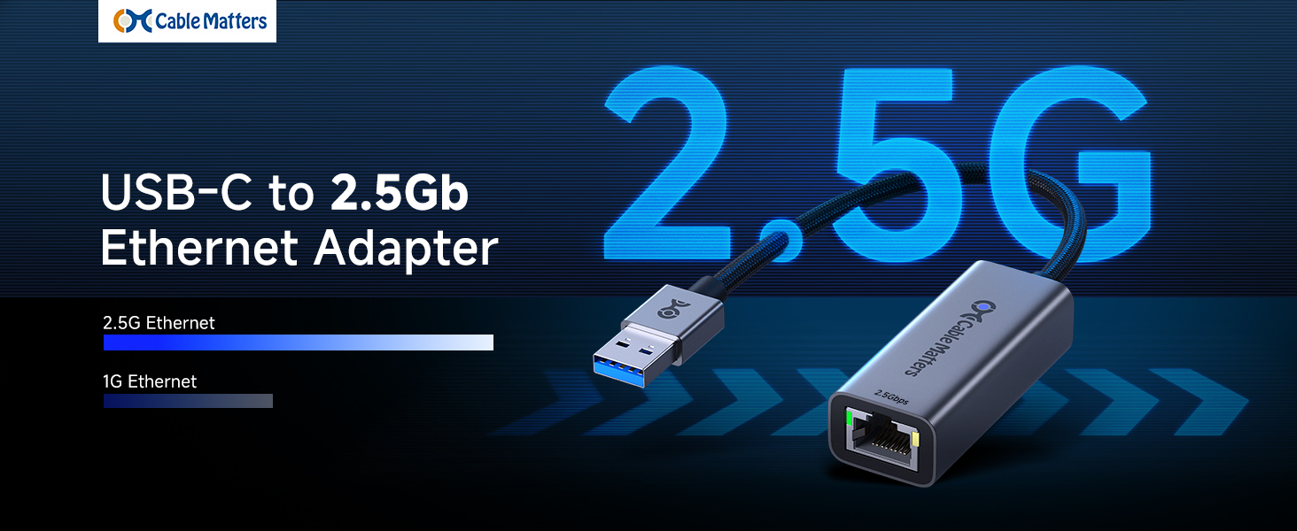 Cable Matters USB 2.5Gb Ethernet adapter connected to a laptop for fast wired network access