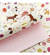 Yarcony Cream Dog Birthday Wrapping Paper, Reversible Pink Dots Design Gift Wrap for Birthday, Ba...