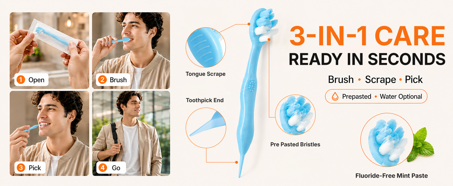 TuckPoki 3-in-1 toothbrush showing prepasted bristles, tongue scraper, toothpick, and use steps.