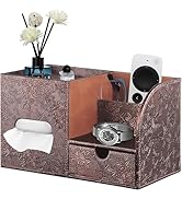 Fanousy Square Tissue Box Cover with Drawer Storage and Tray on Top, PU Leather Tissues Cube Boxe...