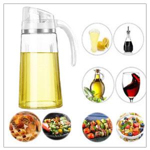 Glass oil dispenser with white lid and handle, surrounded by circular images of various foods and beverages including lemons, olive oil, wine, and prepared dishes.