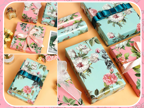 Collection of floral patterned notebooks or journals in mint green and pink colors, featuring rose designs and decorative ribbons.