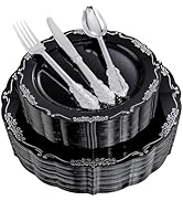 DaYammi 150 Pcs Black Silver Plastic Plates & Silver Plastic Silverware,Black silver Disposable p...