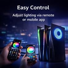 PS5 faceplates with RGB LED lighting controlled via mobile app showing colour selection interface