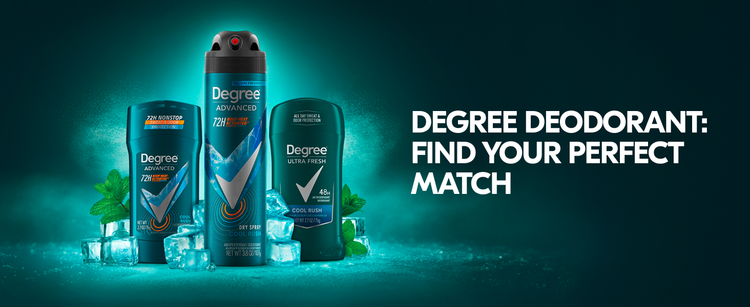 3 Degree Deodorant variants with mint pieces and ice chunks next to text.
