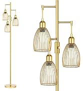 Dimmable Industrial Floor Lamps for Living Room, Gold Tree Standing Tall Lamps with 3 Elegant Tea...