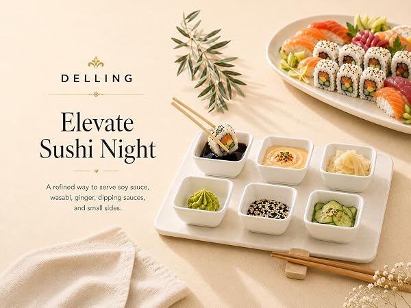 Elevate Sushi Night A refined way to serve soy sauce,wasabi, ginger, dipping sauces,and small sides.