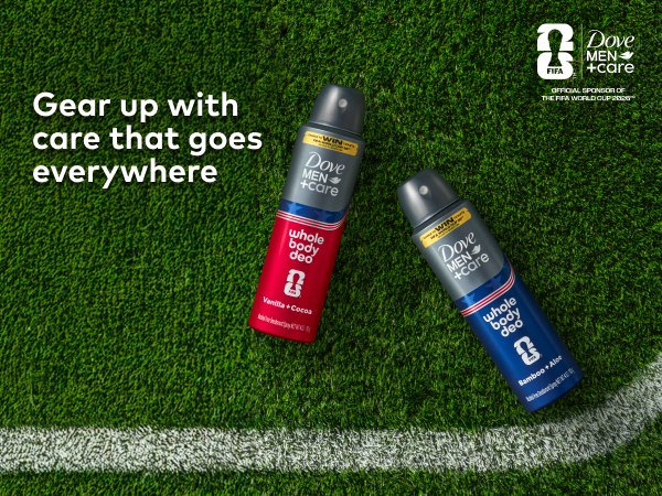 FIFA & Dove Men+Care logos, grass, text & 2 Whole Body Deo sprays (Vanilla + Cocoa, Bamboo + Aloe).