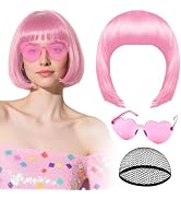 PLULON Pink Bob Wig with Heart Sunglasses and Hair Cap for Women, Short Bob Wigs Synthetic Colore...