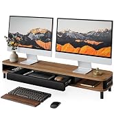 Fenge Dual Monitor Stand with Large Storage Drawer, 42.5" Dsek Shelf, Brown | Slide-Out Drawer wi...
