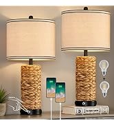 GyroVu Rattan Table Lamp Set of 2, Wicker Lamps, Dimmable Touch Seagrass Table lamp with 2 USB Po...