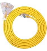 EP 50 Ft Lighted Outdoor Extension Cord with 3 Electrical Power Outlets - 14/3 SJTW Heavy Duty Ye...