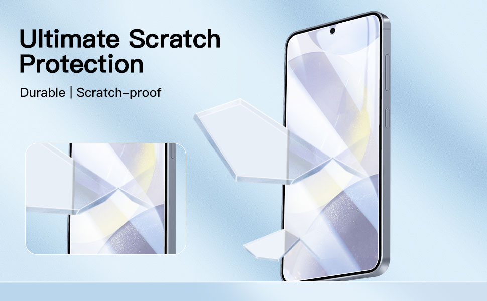 Smartphone screen protector advertised as 'Ultimate Scratch Protection'. Image shows a phone with protector partially applied, highlighting its scratch-proof durability.
