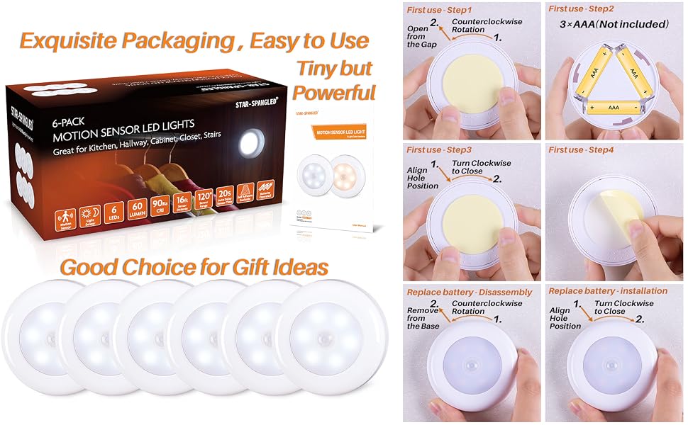 LED Motion Sensor Lights, Stick on Lights, Puck Lights, Closet Lights,Night Lights, STAR-SPANGLED