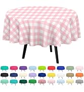 QIKSION 2 Pack Pink Gingham Plastic Tablecloth Disposable Circle Table Covers Pink and White Chec...