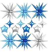 14pcs Blue Silver Star Balloons, Mixed Star Foil Balloon, 22Inch Explosion Stars Balloons with 10...
