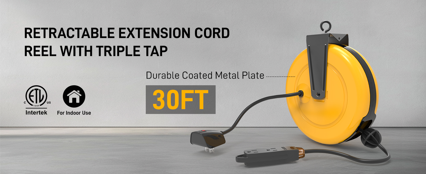 30FT RETRACTABLE EXTENSION CORD REEL WITH TRIPLE TAP
