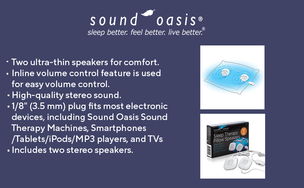 Sound Oasis Pillow Speakers, 2 UltraThin Stereo Speakers, Volume Control, Surround Sound for Music