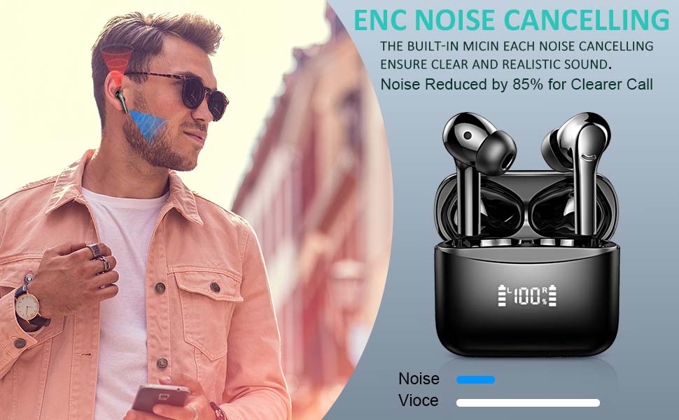 Wireless Earbuds, Bluetooth 5.3 Headphones 4 Built-in Microphones ENC Noise Cancelling Earphones