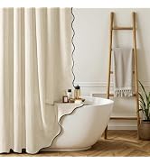 MIULEE Linen Scalloped Shower Curtain with 12 Metal Hooks Boho Farmhouse Cute Heavy Duty Washable...