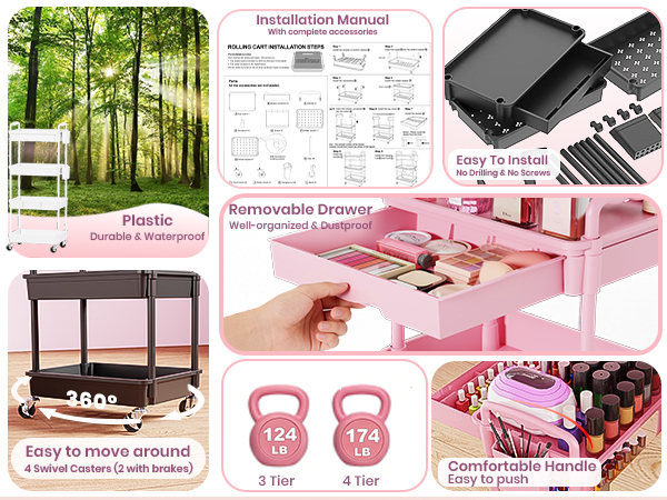 Goovilla rolling makeup cart,eco-friendly materials,360° swivel casters and easy installation