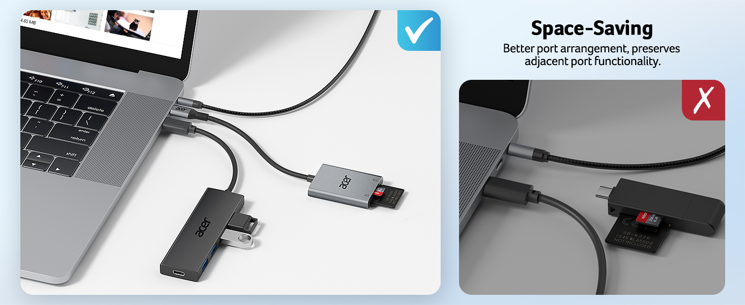 Laptop connected to sleek USB-C hub with multiple ports, including HDMI and SD card slot. Comparison shows space-saving design versus bulky alternative hub.