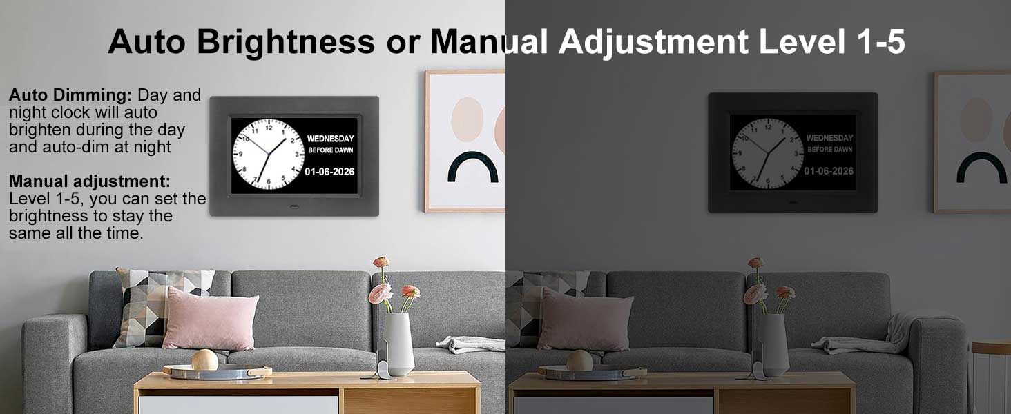 vision impaired clock automatically adjust brightness when day(7:00 AM) and night(7:00 PM) varies