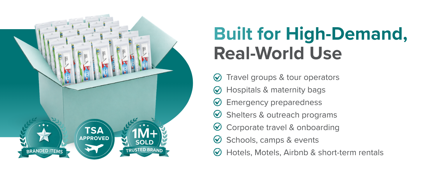 Open box filled with individually packed travel hygiene kits for bulk use.