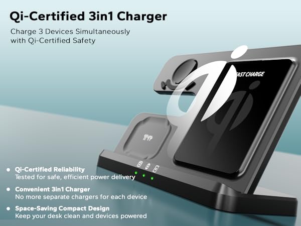 Qi-Certified 3in1 wireless charger fast charging