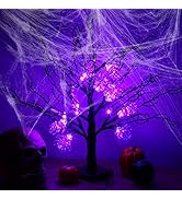 CCINEE 24Inch Lighted Black Halloween Tree, Prelit Scary Tabletop Artificial Tree with Purple Spi...