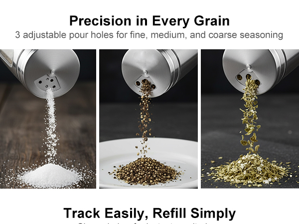 Adjustable spice shaker with 3 pour holes for fine salt, medium pepper and coarse dried herbs.