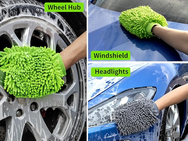 Text reads 'Wheel hub', 'Windshield', 'Headlights'. Split image showing green microfiber mitt cleaning car wheel and gray microfiber mitt cleaning car surfaces.