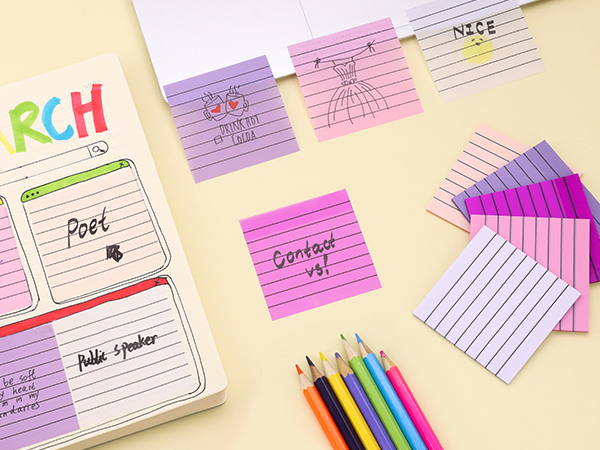 purple sticky notes with lines