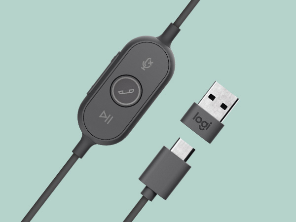 zoom on the inline controls of zone 750 wired on-ear headset with noise-cancelling microphone