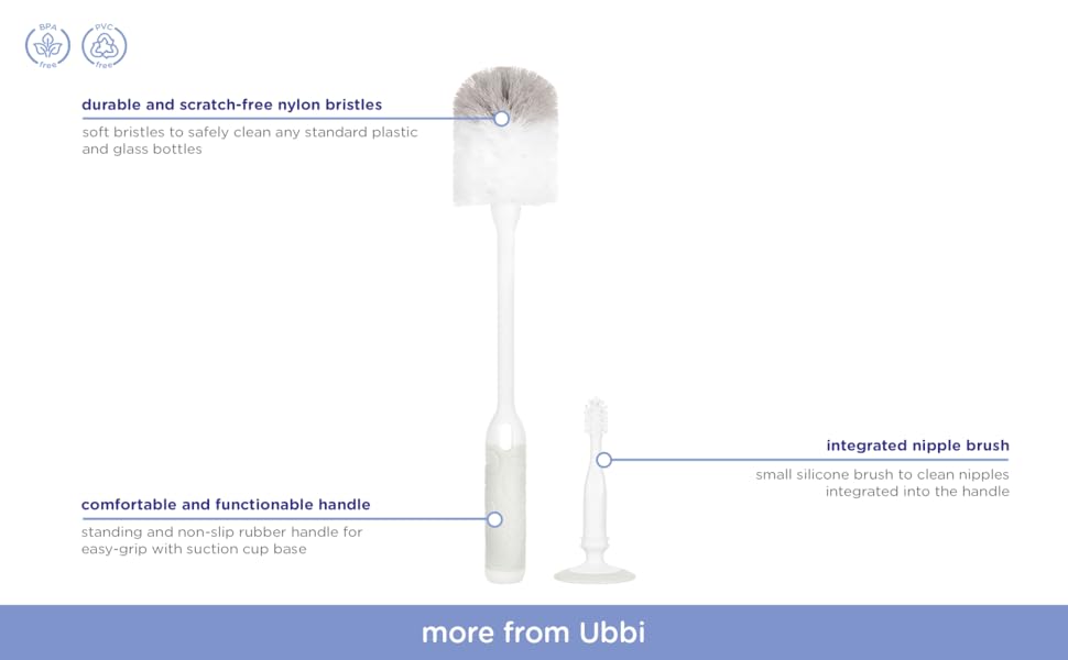 a list of features of the Ubbi baby bottle brush