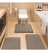 ACCUMTEK Striped Ultra Soft Bathroom Rugs and Mats Set 3 Pieces Bath Mat Set Dark Beige, Thick Ch...
