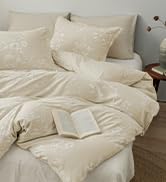 PHF Stone-Washed 100% Cotton Duvet Cover Set Queen Size, Ultra Soft, Breathable, Floral Jacquard ...