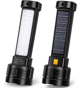 LED Rechargeable Solar Flashlight, Super Bright High Lumens Flash Light, 4 Modes with COB Side Li...