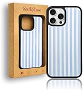 SenRiCase Cute Striped Phone Case for iPhone 13/14, Blue and White | Glossy Glass Panel | Silicon...